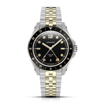 Fíor 555 Prestige - 18k Gold (PVD) GMT Watch (41mm) - Classic Black and Gold