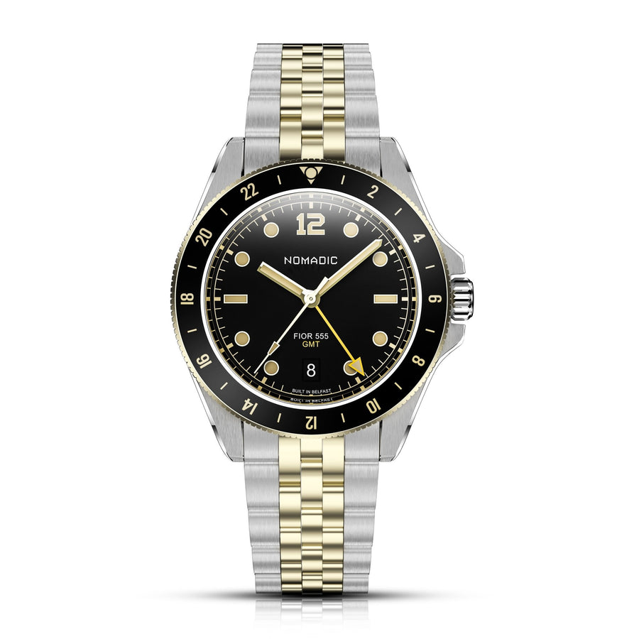 Fíor 555 Prestige - 18k Gold (PVD) GMT Watch (41mm) - Classic Black and Gold